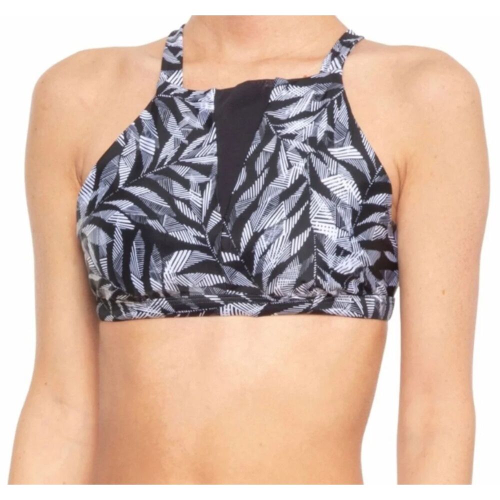 Prana Bikini Top S Women's Black Printed High Neck Halter Adjustable Tie Back